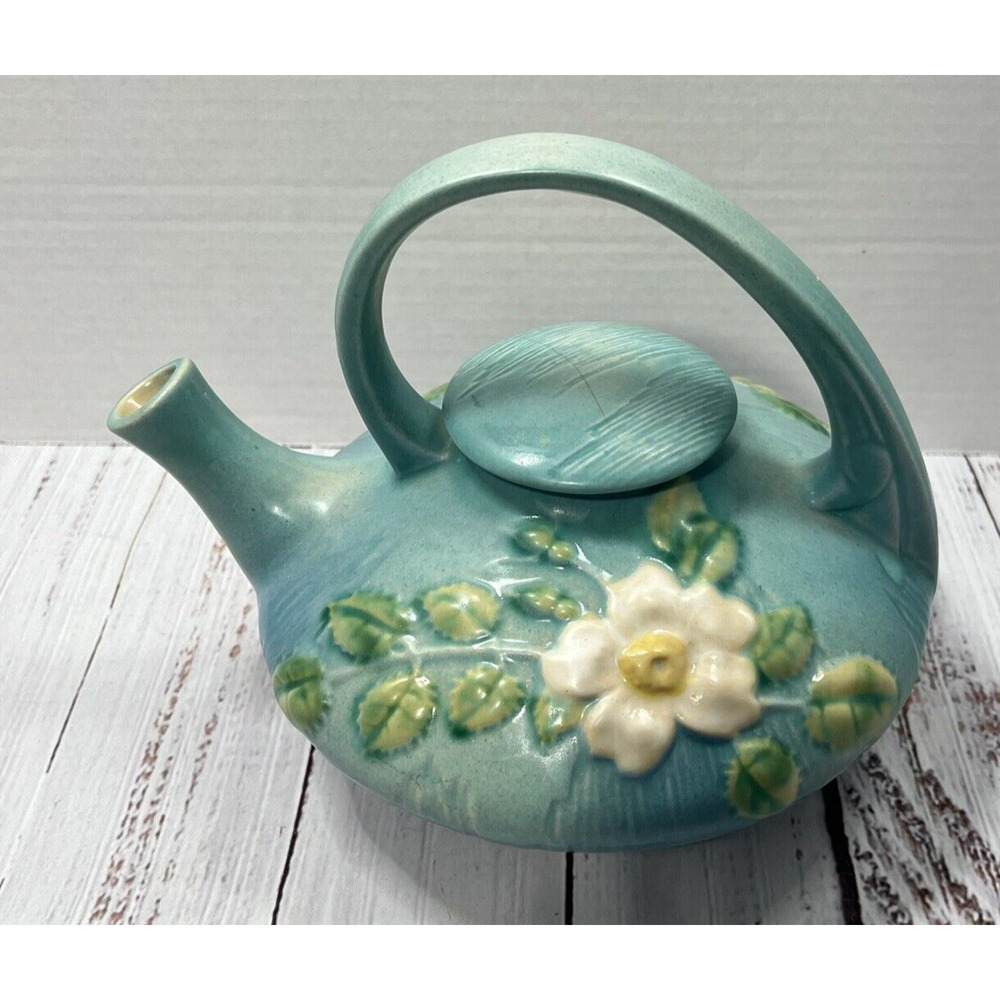 Roseville White Rose‎ Blue Azure Teapot With Lid 1940's - READ